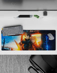 32x12 inches anime mouse pad in blue night and molten gold tones, cinematic glow with drifting embers.