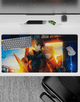 32x16 inches anime mouse pad in blue night and molten gold glow, ember sparks, dramatic finale mood.