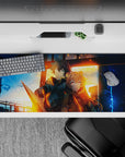 Anime desk pad 36x16 inches in blue-night and molten-gold tones, cinematic glow with drifting sparks.