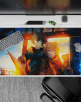 Blue night vs molten gold anime desk pad 40x20 inches, ember sparks and calm tracking mood at the station.