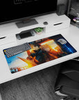 32x16 inches anime mouse pad showing rugged armored swordsman and fox-eared girl leaning close at station.