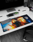 Anime desk pad 36x16 inches showing a dark-haired armored swordsman with a fox-eared girl at dusk station.