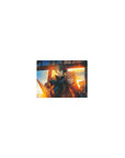 Classic anime mouse pad 14x10 inches with station sunset scene, armored hero and fox-eared girl, embers.