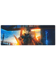32x12 inches anime mouse pad with sunset station scene, armored hero and fox-eared girl, ember sparks.