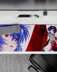 Elegant 36x16 desk pad featuring Rei Ayanami's resolute stance, icy blues, fiery reds, and piercing red eyes for a bold design