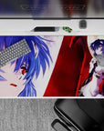 Elegant 40x20 desk pad showcasing Rei Ayanami with a resolute stance, icy blues, fiery reds, and contrasting red eyes
