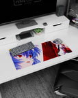 Powerful 28x12 mouse pad showcasing Rei Ayanami with fiery reds, icy blues, and a close-up of her red eyes for dramatic effect