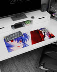 Powerful 32x12 mouse pad showcasing Rei Ayanami with red eyes, icy blues, and fiery reds for a stunning visual impact