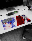 Powerful 32x16 mouse pad with a close-up of Rei Ayanami, icy blues, fiery reds, and piercing red eyes for bold anime design