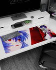 Powerful 36x16 anime desk mat showcasing Rei Ayanami’s red eyes and resolute stance against icy blues and fiery reds