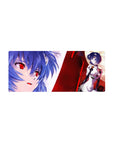 Rei Ayanami 28x12 mouse pad with icy blues, fiery reds, and a close-up of her red eyes for a powerful, elegant anime style