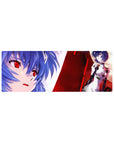 Rei Ayanami 32x12 mouse pad featuring icy blues, fiery reds, and a close-up of her red eyes for an elegant and intense look