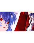 Rei Ayanami 40x20 desk pad featuring icy blues, fiery reds, and a close-up of her red eyes for an elegant yet powerful design