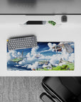 28x12 inches anime mouse pad in bright blues, icy whites, and warm sails for a calm dreamy desk vibe.