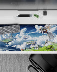 36x16 inches anime desk pad in bright blues, icy whites, and deep shadows for a calm, dreamy adventure mood.