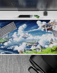 Dreamy blue-and-white anime desk pad 40x20 inches, warm glowing sails over cool sky shadows.