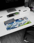28x12 inches anime mouse pad showing a wooden airship sailing past cloud layers and floating island rooftops.