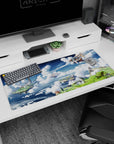 36x16 inches anime desk pad showing a wooden airship sailing past floating islands over soft cotton clouds.