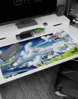 Anime desk pad 40x20 inches featuring a wooden airship flying past floating islands and rooftops.