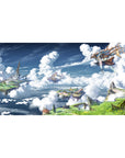 Anime desk pad 40x20 inches with floating sky islands, cliffs, clouds, and a wooden airship scene.