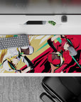 Neon green, red, and black anime girl desk pad 36x16 inches with loud arcade-cute attitude.