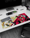 Two sporty anime heroines flipping in motion on a desk pad 36x16 inches, glossy pop-art scene.