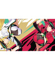 Arcade-cute anime girl desk pad, pop-art backdrop with sporty heroines, 40x20 inches.