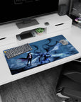 Warrior showdown design on 32x16 desk pad brings Duel of Auras Battle's bold aesthetic to life vividly
