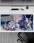 32x16 inches anime girl mouse pad in deep blues with sparkles, gold trims, and a bold dramatic vibe.