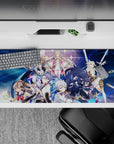 Anime girl desk pad 36x16 inches in deep blues with sparkles, neon glow, gold trim, bold dramatic vibe.