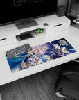 32x12 inches anime girl mouse pad with silver-haired warrior and pink cape queen above a black-armored fighter.