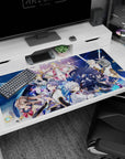 Anime girl desk pad 40x20 inches featuring silver-haired heroine, pink cape queen, and black-armored fighter.