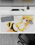 32x16 inches anime mouse pad with bright white space, golden hair, honey-yellow and black stripes, warm vibe.
