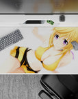 40x20 inches desk pad in warm honey yellow, black stripes and purple eyes for a bright cozy vibe.