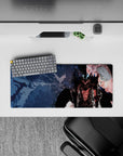 Compact 28x12 desk pad highlights the dark knight’s presence and cosmic backdrop for immersive fantasy atmosphere