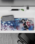 32x12 inches anime girl mouse pad in cool blue tones, dreamy shrine vibe, soft glow butterflies at night.