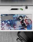 32x16 inches anime girl mouse pad in cool blue night tones with magical shrine vibes and luminous butterflies.