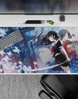 40x20 inches anime desk pad in cool blue shrine-night tones with luminous butterflies and soft fierce vibe.