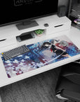 36x16 inches anime girl desk pad showing sailor-uniform katana girl beside serene kimono girl at torii gate.