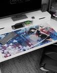 40x20 inches anime girl desk pad showing sailor-uniform katana girl beside calm floral kimono at a torii gate.