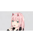 Zero Two Minimalist Grin Mouse Pad 40x20 featuring her playful fanged grin, vibrant teal eyes, and sleek aesthetic for a bold anime-inspired look