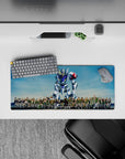 Sky blue backdrop with crisp white, steel gray, and red shoulder accents on anime mouse pad, 28x12 inches.