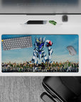 Sky-blue, white, steel-gray and red shoulder anime mouse pad 32x16 inches, sharp mecha desk vibe.