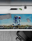 Sky blue, white and steel gray anime desk pad with bold red shoulder accent, 36x16 inches.