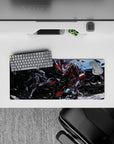 28x12 inches anime mouse pad in deep-space blues with red and gunmetal panels, sparks and debris.