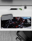 32x12 inches anime mouse pad in deep-space blues with bold reds, gunmetal gray, and white armor glow.
