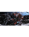 36x16 inches anime desk pad with mecha battle art, Astray Red Frame and rival unit in smoky space.