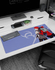 Artistic 36x16 inches desk pad featuring Shirou Emiya and Rin Tohsaka from Fate/Stay Night, blending determination, camaraderie, and a vibrant backdrop.