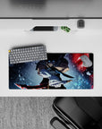 28x12 inches mouse pad with Solo Leveling design, featuring glowing blue eyes, dual blades, and a fiery and icy battle scene for a dynamic anime effect.