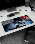 Modern 32x16 inches mouse pad featuring Solo Leveling design, with glowing blue eyes, dual blades, and flying icy shards for a dynamic and powerful vibe.